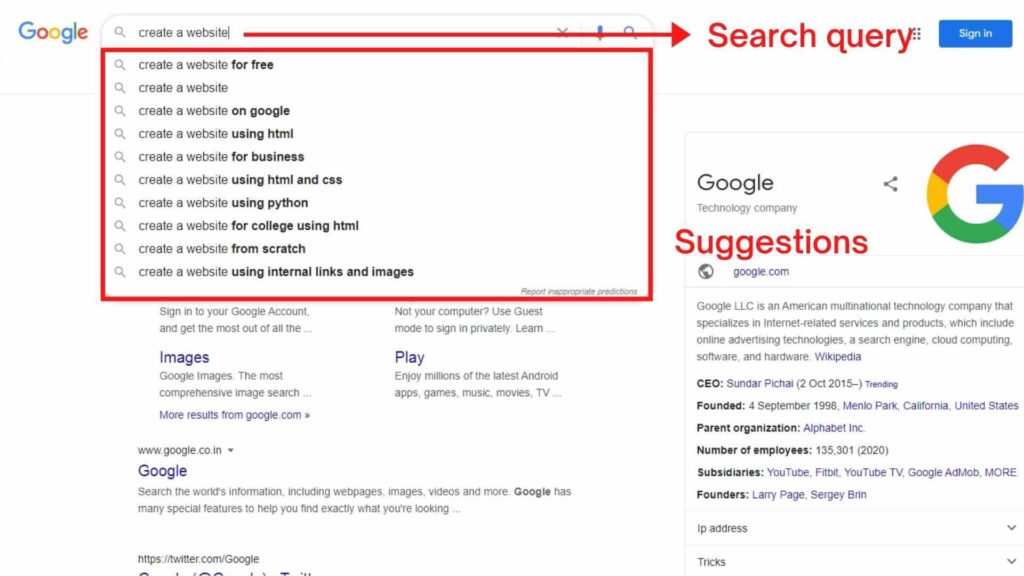 "Create a website" search query, and it's suggestions.