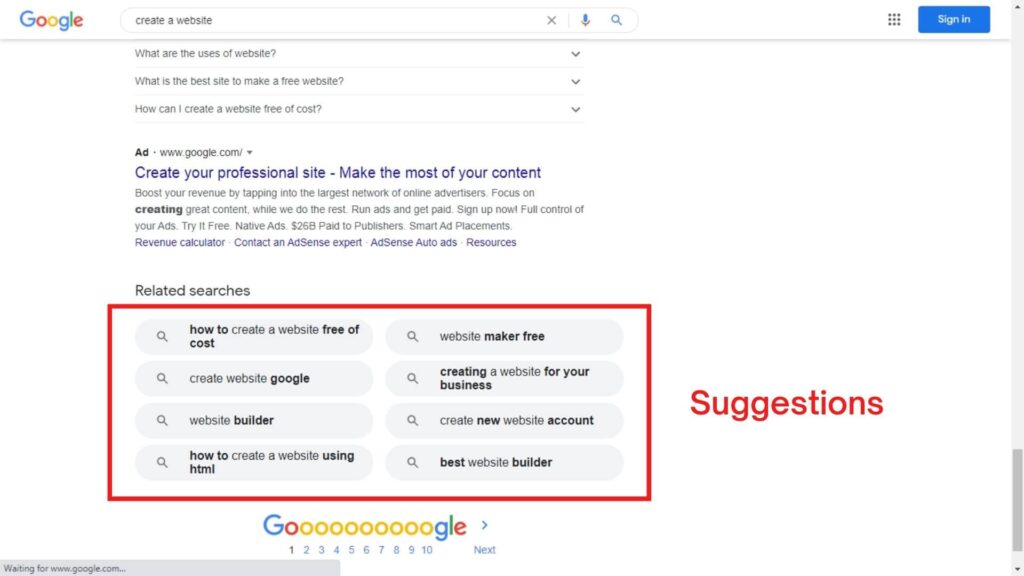 'Related searches' for the search query "create a website"