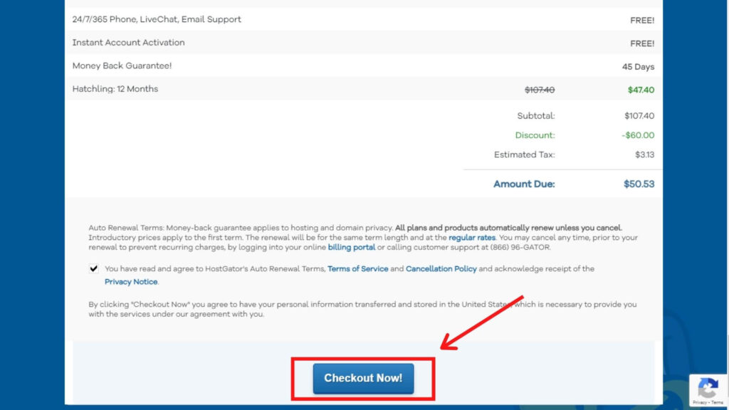 "Checkout Now", HostGator Checkout Page