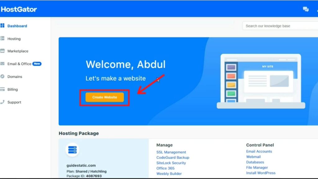 In the HostGator dashboard, click on 'Create Website'
