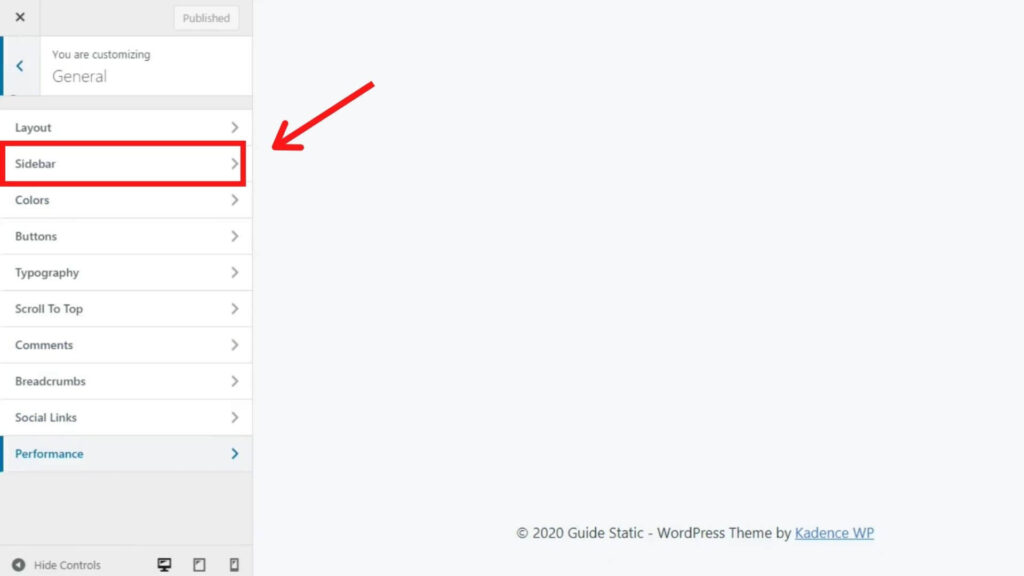 In the customize page, click on 'Sidebar'