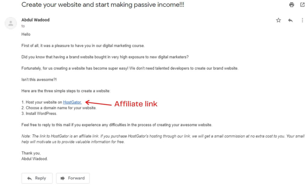 A mail in which the affiliate link is promoted directly