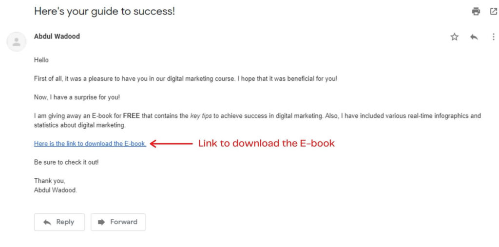 A mail that is sent for promoting a free e-book in which the affiliate link is included.