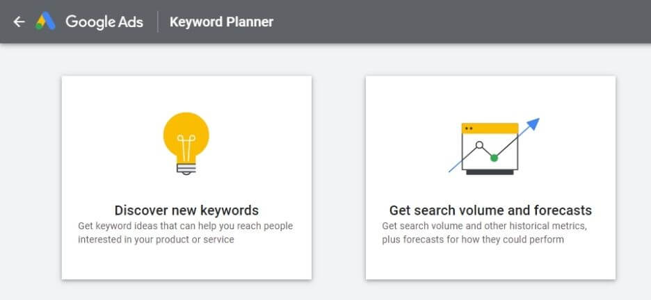 "Discover new keywords" and "Get search volume and forecasts" tools in the Google Keyword Planner