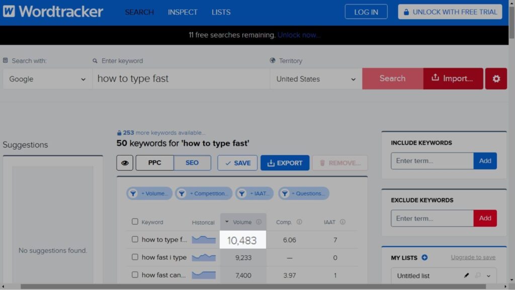 "How to type fast" keyword's search volume is '10,483'
