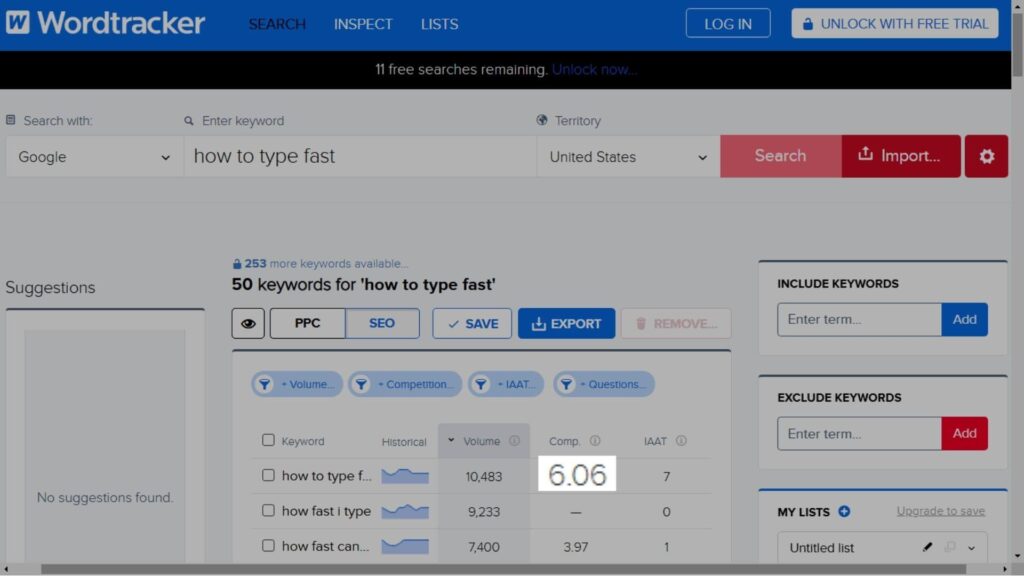 "How to type fast" keyword's search volume is '10,483'