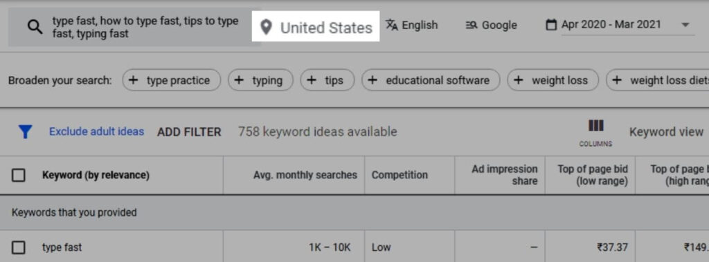 "Location" filter. My target location is the 'United States'.