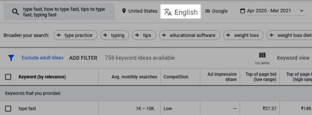 "Language" filter. My target language is 'English'.