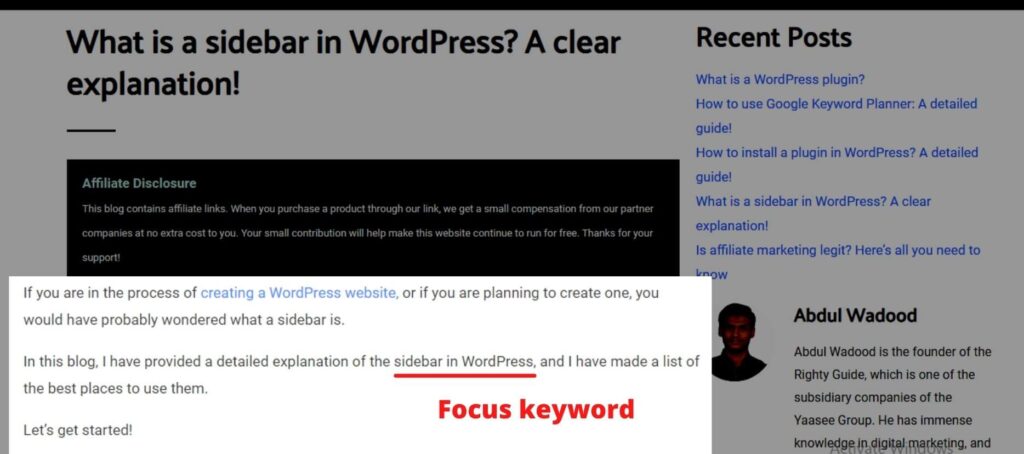 "Sidebar in WordPress" - focus keyword in intro