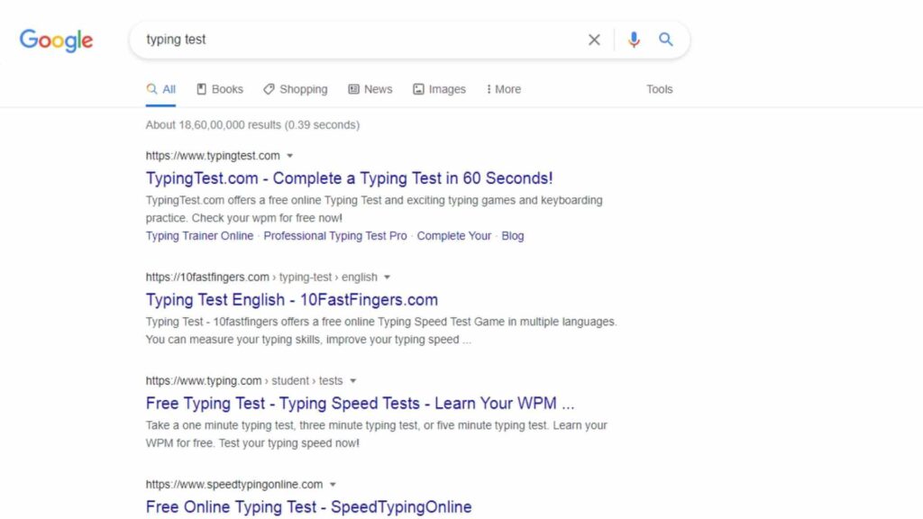 Google search results for the phrase "typing test".