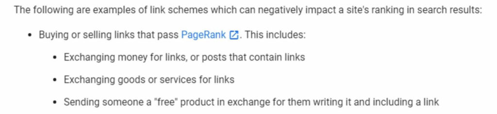 Google Webmaster Guidelines regarding buying backlinks.
