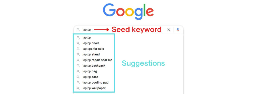 Seed keyword and Google autocomplete suggestions.