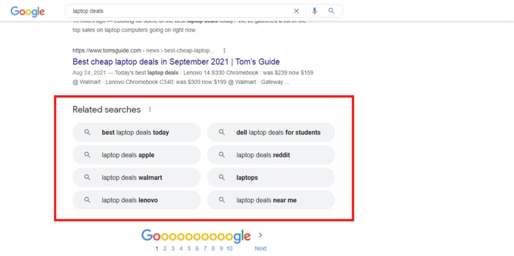 "Related searches" suggestions for the search query 'laptop deals'.