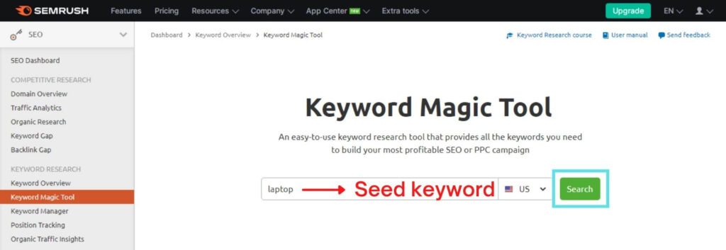 Enter the seed keyword in the search box and click "Search".