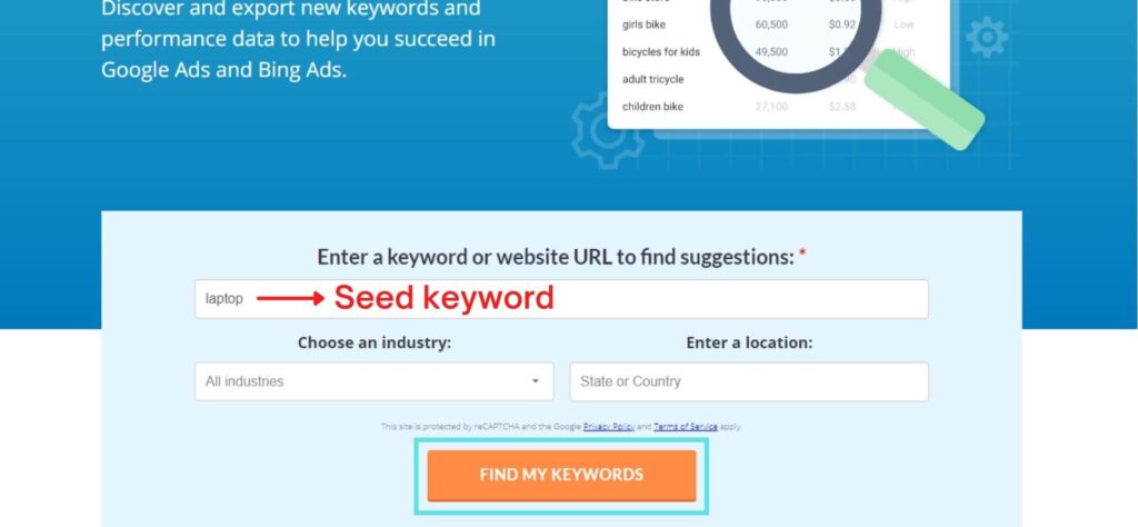 Enter the seed keyword in the search box and click "Find My Keywords".