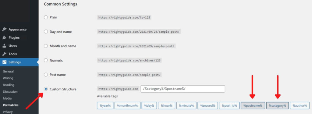 Click on "Custom Structure". Then, add "%category%" and "%postname%".