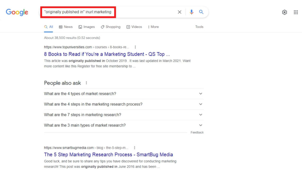 Performing Google search to find content syndication partners — Example.