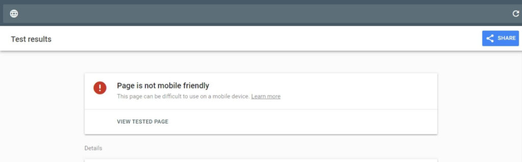 "Page is not mobile friendly" message.