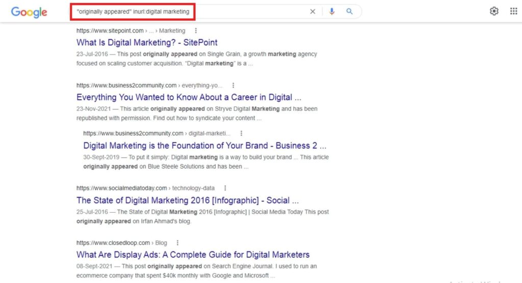 Performing Google search to find content syndication partners — Example.