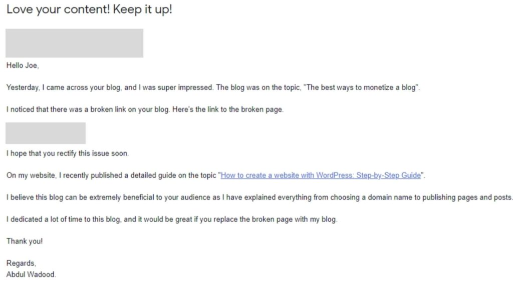 Email for broken link building_Example