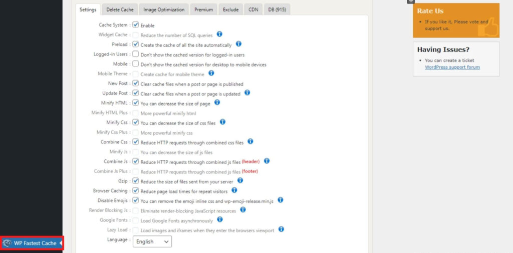 WP Fastest Cache dashboard