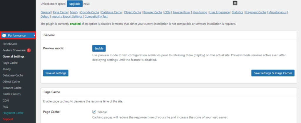 W3 Total Cache dashboard