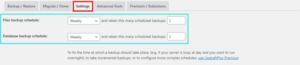 UpdraftPlus scheduled automatic backup settings