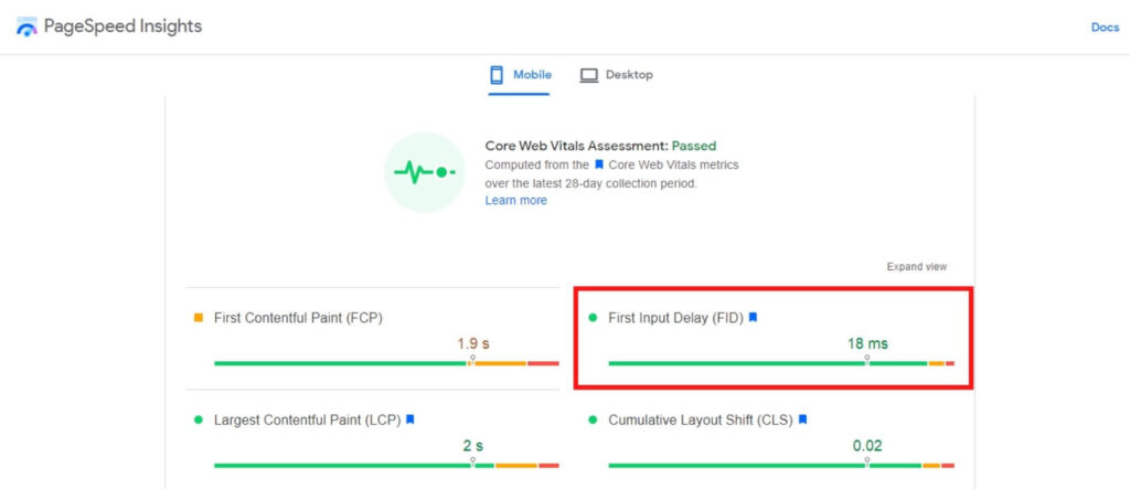 Google PageSpeed Insights — First Input Delay (FID)