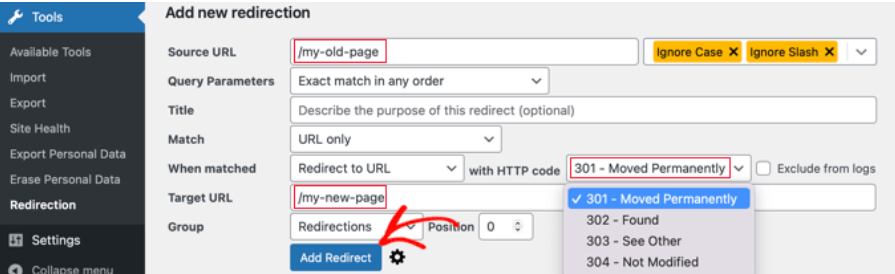 Various redirect options in the Redirection WordPress plugin
